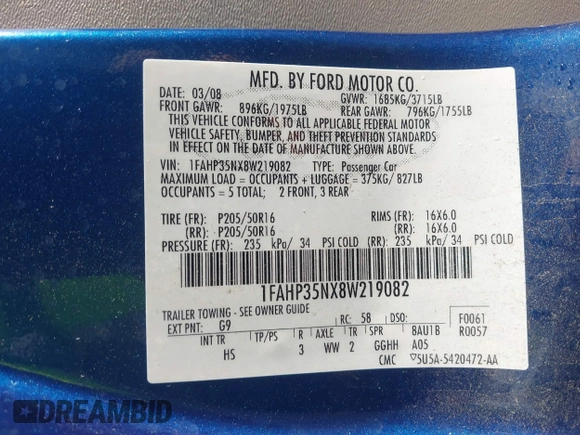 2008 Ford Focus SE with VIN 1FAHP35NX8W219082, listed as a IAAI auction lot 42455770 with 184,242 mi miles and . Bid and sale history available at DreamBid. Image 9.