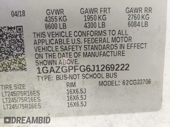 2018 Chevrolet Express Passenger LT with VIN 1GAZGPFG6J1269222, listed as a IAAI auction lot 41433114 with 99,985 mi miles and . Bid and sale history available at DreamBid. Image 9.
