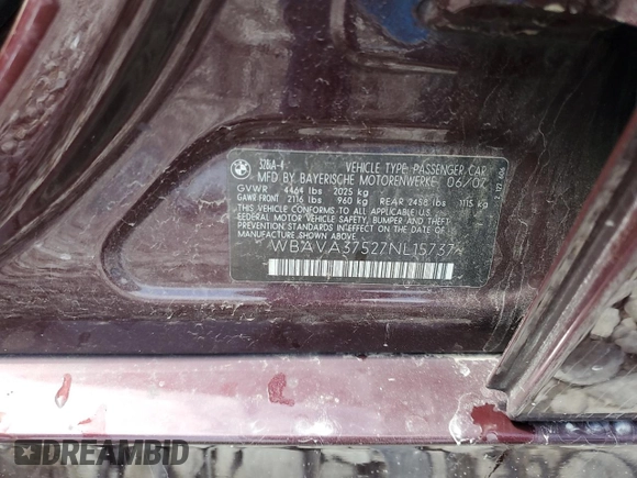 2007 BMW 3 Series 328i with VIN WBAVA37527NL15737, listed as a Copart auction lot 52809515 with Not provided miles and Salvage title. Bid and sale history available at DreamBid. Image 13.