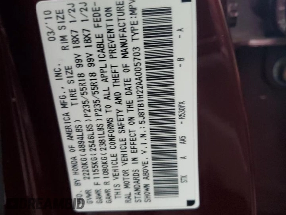 2010 Acura RDX with VIN 5J8TB1H22AA005703, listed as a Copart auction lot 43126945 with 188,821 mi miles and Salvage Title. Bid and sale history available at carsss.com. Image 13.