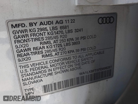 2023 Audi Q7 Premium Plus with VIN WA1LXBF71PD006251, listed as a IAAI auction lot 41423717 with 19,717 mi miles. Bid and sale history available at carsss.com. Image 9.