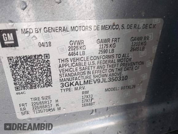 2018 GMC Terrain SLE with VIN 3GKALMEV9JL350310, listed as a IAAI auction lot 41872120 with 131,859 mi miles and . Bid and sale history available at carsss.com. Image 9.