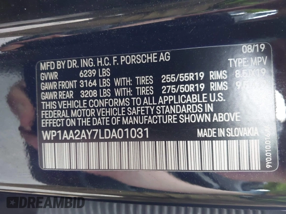 2020 Porsche Cayenne with VIN WP1AA2AY7LDA01031, listed as a IAAI auction lot 42258014 with 72,332 mi miles and . Bid and sale history available at DreamBid. Image 9.