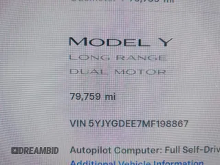 2021 Tesla Model Y Long Range with VIN 5YJYGDEE7MF198867, listed as a IAAI auction lot 42117463 with 79,759 mi miles and . Bid and sale history available at DreamBid. Image 15.