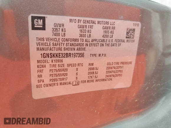2011 Chevrolet Suburban LTZ with VIN 1GNSKKE32BR197356, listed as a IAAI auction lot 42052377 with 248,574 mi miles and . Bid and sale history available at DreamBid. Image 9.