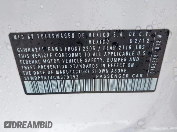 2012 Volkswagen Jetta SE z VIN 3VWDP7AJ4CM379192, wystawiony jako IAAI lot #42024746 z przebiegiem 125 450 mil mil oraz . Historia ofert i sprzedaży dostępna na DreamBid. Obrazek 9.