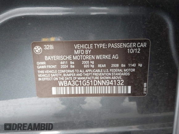 2013 BMW 3 Series 328i with VIN WBA3C1G51DNN94132, listed as a IAAI auction lot 42259019 with 96,875 mi miles and . Bid and sale history available at DreamBid. Image 9.