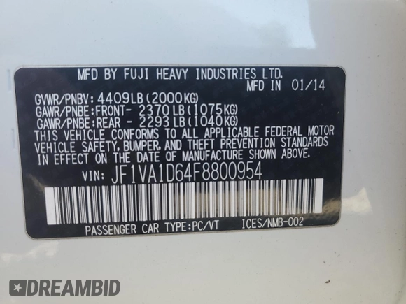 2015 Subaru WRX Premium with VIN JF1VA1D64F8800954, listed as a Copart auction lot 59722825 with 94,737 mi miles and Salvage title. Bid and sale history available at DreamBid. Image 13.