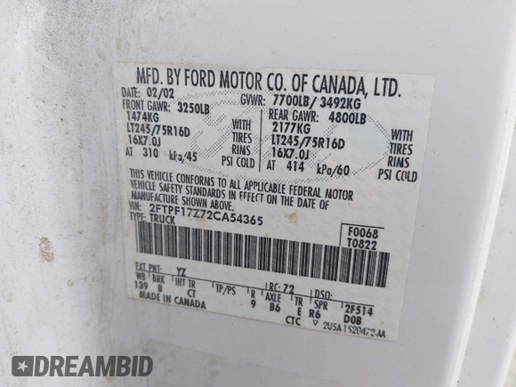 2002 Ford F-150 XL with VIN 2FTPF17Z72CA54365, listed as a IAAI auction lot 42079087 with Not provided miles and . Bid and sale history available at DreamBid. Image 9.