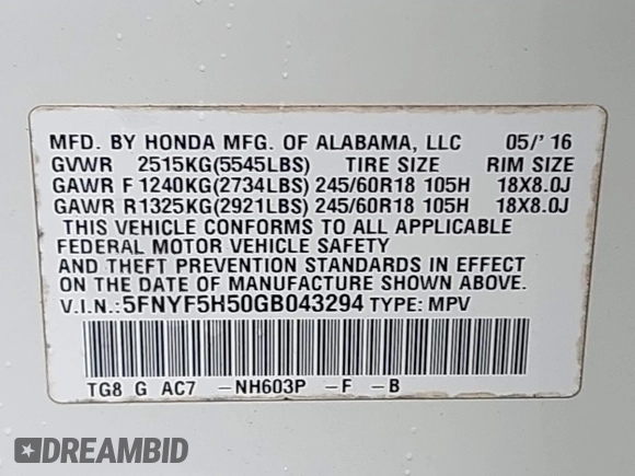 2016 Honda Pilot EX-L with VIN 5FNYF5H50GB043294, listed as a IAAI auction lot 41930654 with 92,728 mi miles and . Bid and sale history available at DreamBid. Image 9.