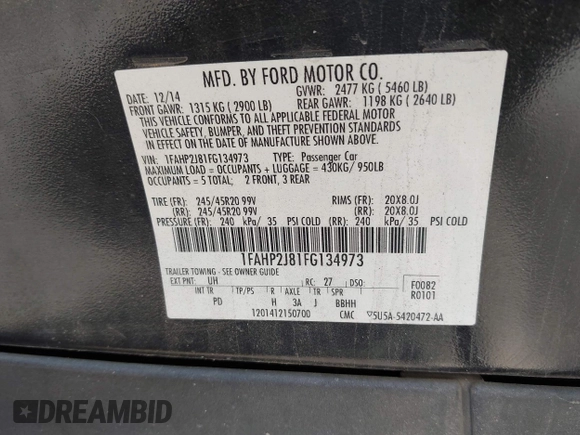2015 Ford Taurus Limited with VIN 1FAHP2J81FG134973, listed as a IAAI auction lot 41845384 with 139,203 mi miles. Bid and sale history available at carsss.com. Image 9.