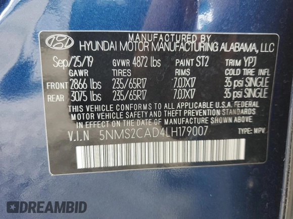 2020 Hyundai Santa Fe SE with VIN 5NMS2CAD4LH179007, listed as a Copart auction lot 60174055 with 72,505 mi miles and Salvage title. Bid and sale history available at DreamBid. Image 13.