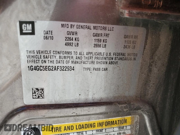 2010 Buick LaCrosse CXL with VIN 1G4GC5EG2AF322934, listed as a Copart auction lot 60813545 with 167,017 mi miles and Salvage title. Bid and sale history available at DreamBid. Image 12.