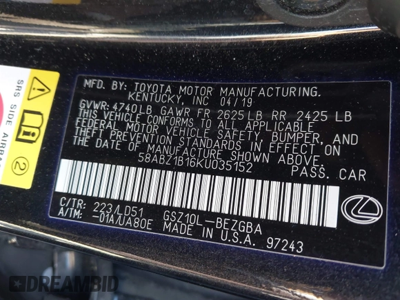 2019 Lexus ES 350 with VIN 58ABZ1B16KU035152, listed as a IAAI auction lot 41850429 with Not Provided miles and . Bid and sale history available at DreamBid. Image 9.