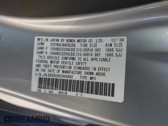 2005 Honda CR-V LX with VIN JHLRD68595C004992, listed as a IAAI auction lot 42074824 with 155,895 mi miles and . Bid and sale history available at DreamBid. Image 9.