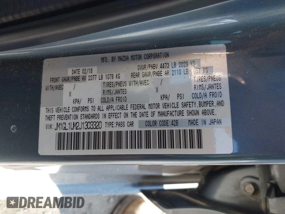 2018 Mazda Mazda6 Sport with VIN JM1GL1UM2J1303320, listed as a IAAI auction lot 41440139 with 131,877 mi miles. Bid and sale history available at carsss.com. Image 9.