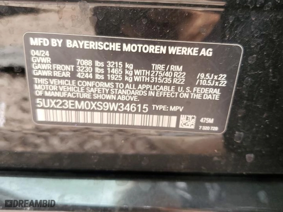 2025 BMW X7 xDrive40i with VIN 5UX23EM0XS9W34615, listed as a Copart auction lot 49851755 with 0 mi miles and Salvage Title. Bid and sale history available at carsss.com. Image 14.