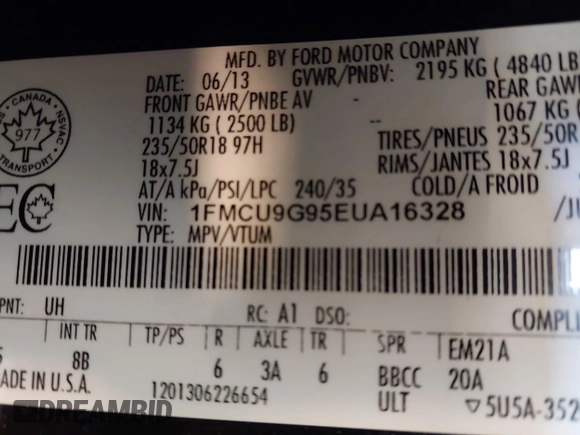 2014 Ford Escape SE with VIN 1FMCU9G95EUA16328, listed as a IAAI auction lot 42464235 with 108,570 mi miles and . Bid and sale history available at DreamBid. Image 9.