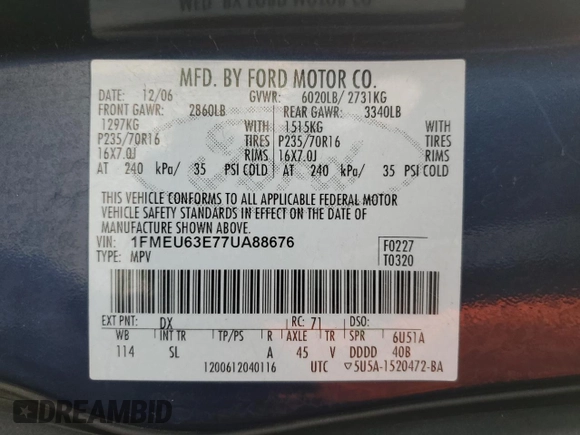 2007 Ford Explorer XLT с VIN 1FMEU63E77UA88676, выставлен на аукционе Copart как лот 54768165 с пробегом 129 287 миль миль и Списание • Salvage title. История ставок и продаж доступна на DreamBid. Изображение 13.