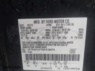 2013 Ford F-150 XL with VIN 1FTFW1CF7DFA18075, listed as a IAAI auction lot 41442280 with 208,606 mi miles. Bid and sale history available at carsss.com. Image 9.