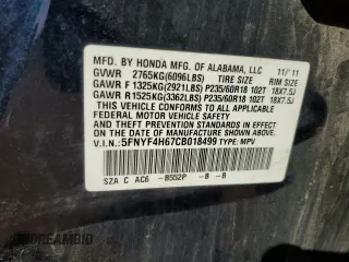 2012 Honda Pilot EX-L with VIN 5FNYF4H67CB018499, listed as a Copart auction lot 53395515 with 219,816 mi miles and Salvage Title. Bid and sale history available at carsss.com. Image 13.