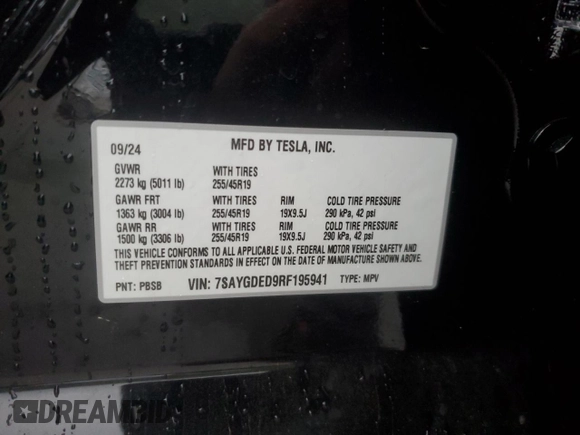 2024 Tesla Model Y с VIN 7SAYGDED9RF195941, выставлен на аукционе Copart как лот 58372205 с пробегом 12 289 миль миль и Списание • Salvage title. История ставок и продаж доступна на DreamBid. Изображение 12.