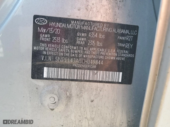 2020 Hyundai Sonata SEL with VIN 5NPEL4JA5LH049844, listed as a Copart auction lot 49001515 with 61,720 mi miles and Salvage Title. Bid and sale history available at carsss.com. Image 12.