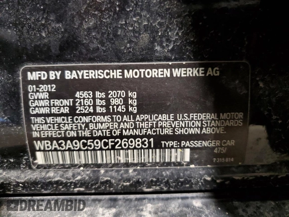 2012 BMW 3 Series 335i with VIN WBA3A9C59CF269831, listed as a Copart auction lot 42878695 with 116,842 mi miles and Non repairable. Bid and sale history available at DreamBid. Image 12.