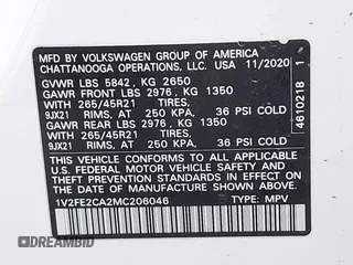 2021 Volkswagen Atlas SEL Premium R-Line with VIN 1V2FE2CA2MC206046, listed as a IAAI auction lot 41547596 with 13,805 mi miles and . Bid and sale history available at DreamBid. Image 9.