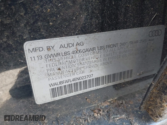 2014 Audi A4 Premium with VIN WAUBFAFL4EN023707, listed as a IAAI auction lot 42106681 with 116,740 mi miles. Bid and sale history available at carsss.com. Image 9.