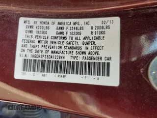 2013 Honda Accord LX z VIN 1HGCR2F35DA120944, wystawiony jako Copart lot #52735355 z przebiegiem 175 040 mil mil oraz Szkoda całkowita • Salvage title. Historia ofert i sprzedaży dostępna na DreamBid. Obrazek 14.