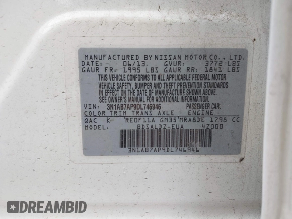 2013 Nissan Sentra S with VIN 3N1AB7AP9DL746946, listed as a IAAI auction lot 41897708 with 174,779 mi miles and . Bid and sale history available at DreamBid. Image 9.