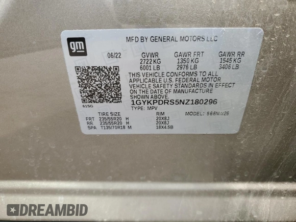 2022 Cadillac XT6 Premium Luxury with VIN 1GYKPDRS5NZ180296, listed as a Copart auction lot 59081184 with 21,380 mi miles and Salvage title. Bid and sale history available at DreamBid. Image 13.