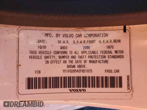 2002 Volvo S40 with VIN YV1VS29542F821073, listed as a Copart auction lot 87377204 with 57,474 mi miles and Salvage Title. Bid and sale history available at carsss.com. Image 12.