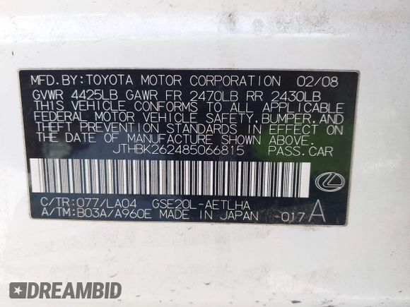 2008 Lexus IS 250 with VIN JTHBK262485066815, listed as a IAAI auction lot 42421330 with 222,058 mi miles and . Bid and sale history available at DreamBid. Image 9.