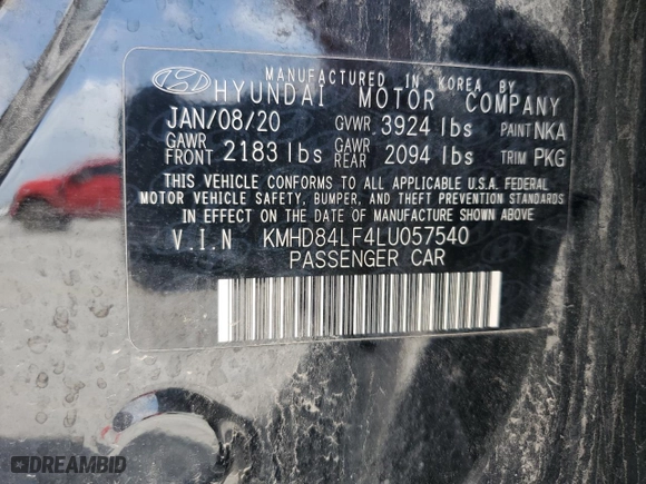 2020 Hyundai Elantra Value Edition with VIN KMHD84LF4LU057540, listed as a Copart auction lot 51411475 with 62,777 mi miles and Salvage Title. Bid and sale history available at carsss.com. Image 14.
