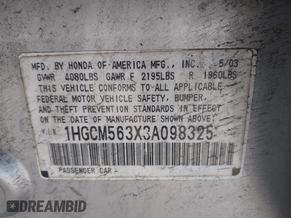 2003 Honda Accord LX with VIN 1HGCM563X3A098325, listed as a IAAI auction lot 42746146 with 204,146 mi miles and . Bid and sale history available at DreamBid. Image 9.