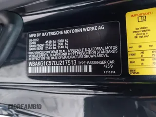 2013 BMW 3 Series 335is with VIN WBAKG1C57DJ217513, listed as a IAAI auction lot 41153004 with 1 mi miles. Bid and sale history available at carsss.com. Image 9.