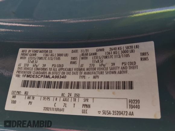 2021 Ford Bronco z VIN 1FMDE5CP5MLA98340, wystawiony jako IAAI lot #42064998 z przebiegiem 38 569 mil mil oraz . Historia ofert i sprzedaży dostępna na DreamBid. Obrazek 9.