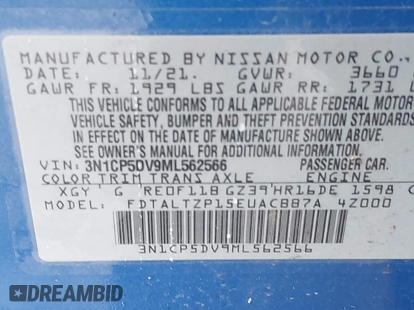 2021 Nissan Kicks SR with VIN 3N1CP5DV9ML562566, listed as a IAAI auction lot 41795765 with 68,455 mi miles and . Bid and sale history available at carsss.com. Image 9.
