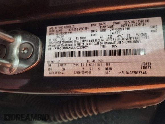 2020 Ford Escape Titanium Hybrid с VIN 1FMCU0DZ5LUC33021, выставлен на аукционе IAAI как лот 42788944 с пробегом 60 049 миль миль и . История ставок и продаж доступна на DreamBid. Изображение 2.