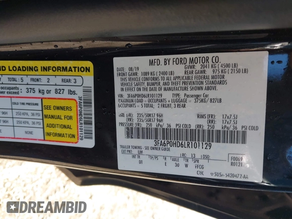 2020 Ford Fusion SE with VIN 3FA6P0HD6LR101129, listed as a IAAI auction lot 39737792 with 18,315 mi miles and . Bid and sale history available at DreamBid. Image 9.
