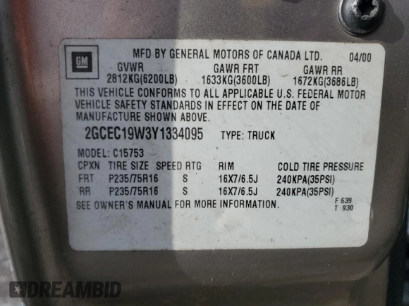 2000 Chevrolet Silverado 1500 with VIN 2GCEC19W3Y1334095, listed as a Copart auction lot 41530595 with 254,054 mi miles and Salvage Title. Bid and sale history available at DreamBid. Image 12.