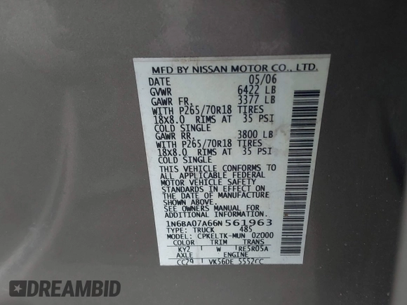 2006 Nissan Titan LE with VIN 1N6BA07A66N561963, listed as a IAAI auction lot 42131877 with 175,293 mi miles and . Bid and sale history available at DreamBid. Image 9.