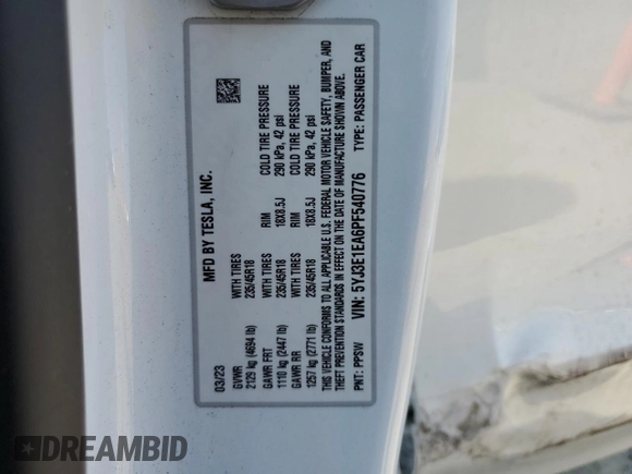 2023 Tesla Model 3 z VIN 5YJ3E1EA6PF540776, wystawiony jako Copart lot #59879575 z przebiegiem 19 320 mil mil oraz Szkoda całkowita • Salvage title. Historia ofert i sprzedaży dostępna na DreamBid. Obrazek 12.