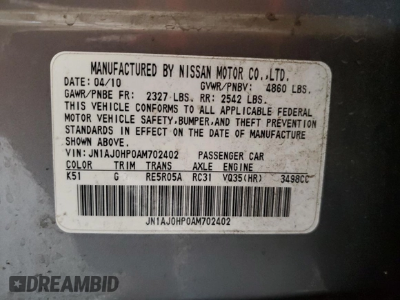 2010 Infiniti EX Journey with VIN JN1AJ0HP0AM702402, listed as a Copart auction lot 60933294 with 137,632 mi miles and Salvage Title. Bid and sale history available at DreamBid. Image 15.