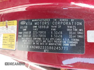 2008 Kia Sedona LX with VIN KNDMB233586245771, listed as a IAAI auction lot 41779801 with 141,157 mi miles. Bid and sale history available at carsss.com. Image 9.