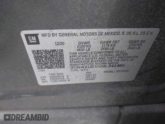 2021 Chevrolet Equinox LT with VIN 3GNAXUEVXML341465, listed as a IAAI auction lot 42027654 with 126,932 mi miles and . Bid and sale history available at DreamBid. Image 9.
