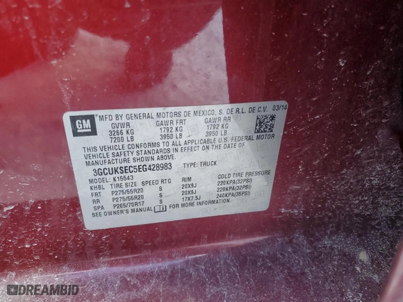 2014 Chevrolet Silverado 1500 LTZ with VIN 3GCUKSEC5EG428983, listed as a Copart auction lot 89126335 with 0 mi miles and Clean Title. Bid and sale history available at carsss.com. Image 14.