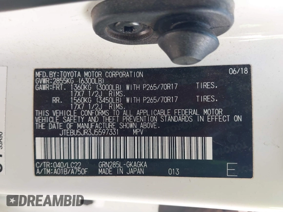 2018 Toyota 4Runner SR5 with VIN JTEBU5JR3J5597331, listed as a IAAI auction lot 41506914 with 86,011 mi miles. Bid and sale history available at carsss.com. Image 9.